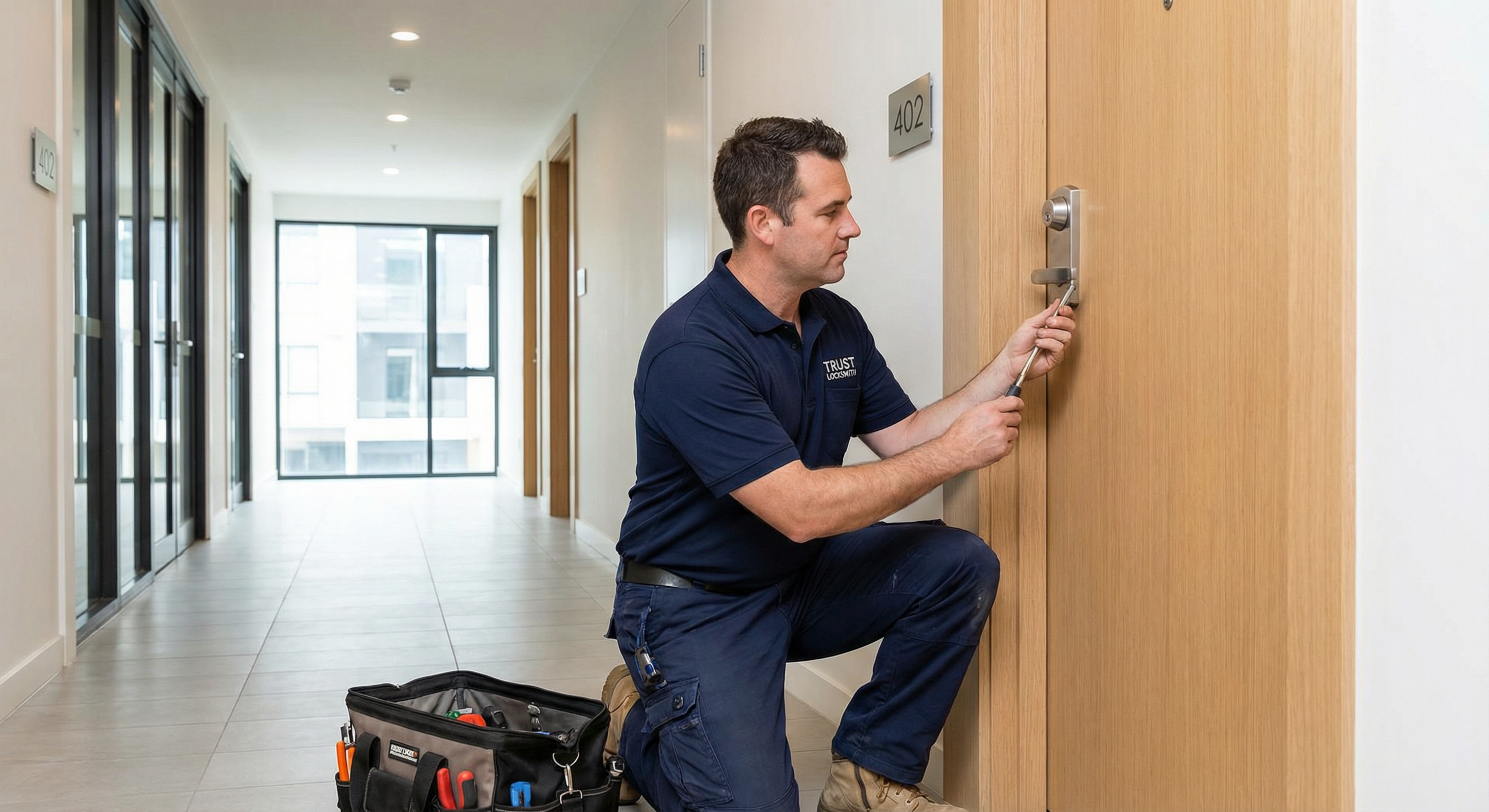 Schlüsseldienst sichert eine Wohnungstür